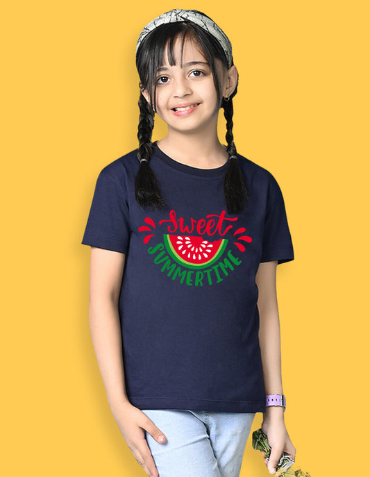Nusyl Girls Navy Blue Sweet Summertime Text Printed  Short sleeve Cotton Blend Oversized T-shirts