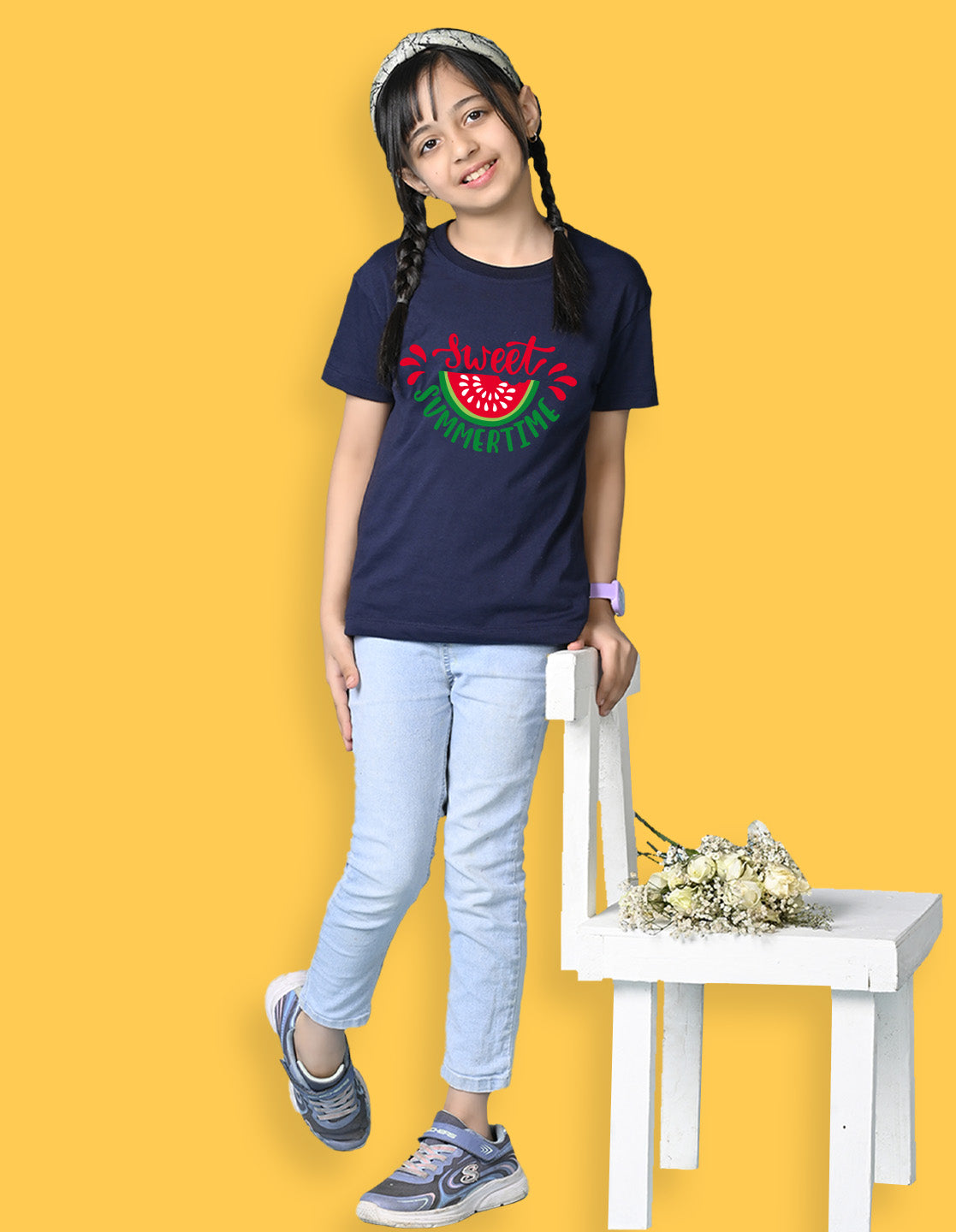 Nusyl Girls Navy Blue Sweet Summertime Text Printed  Short sleeve Cotton Blend Oversized T-shirts