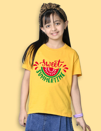 Nusyl Girls Yellow Sweet Summertime Text Printed  Short sleeve Cotton Blend Oversized T-shirts
