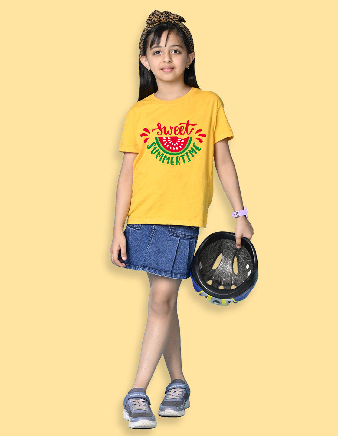 Nusyl Girls Yellow Sweet Summertime Text Printed  Short sleeve Cotton Blend Oversized T-shirts