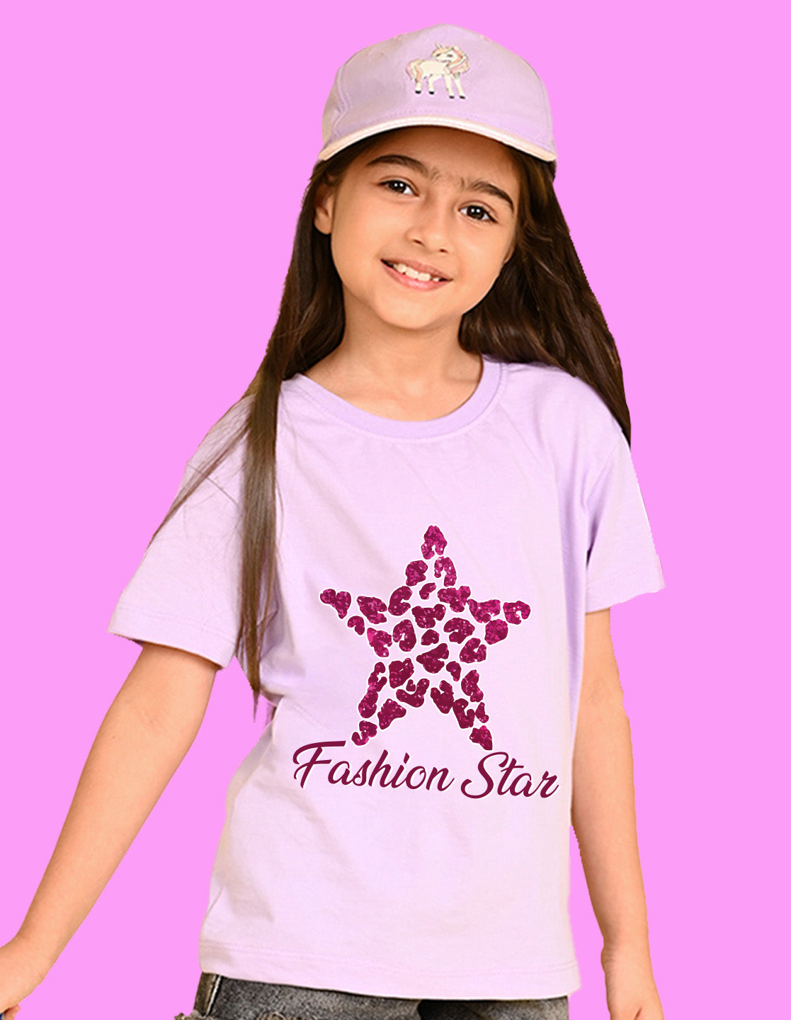 Nusyl Girls Lilac Star & Text  Printed  Short sleeve Cotton Blend Oversized T-shirts