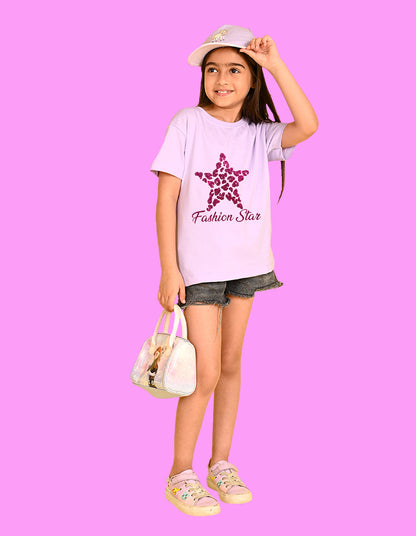 Nusyl Girls Lilac Star & Text  Printed  Short sleeve Cotton Blend Oversized T-shirts