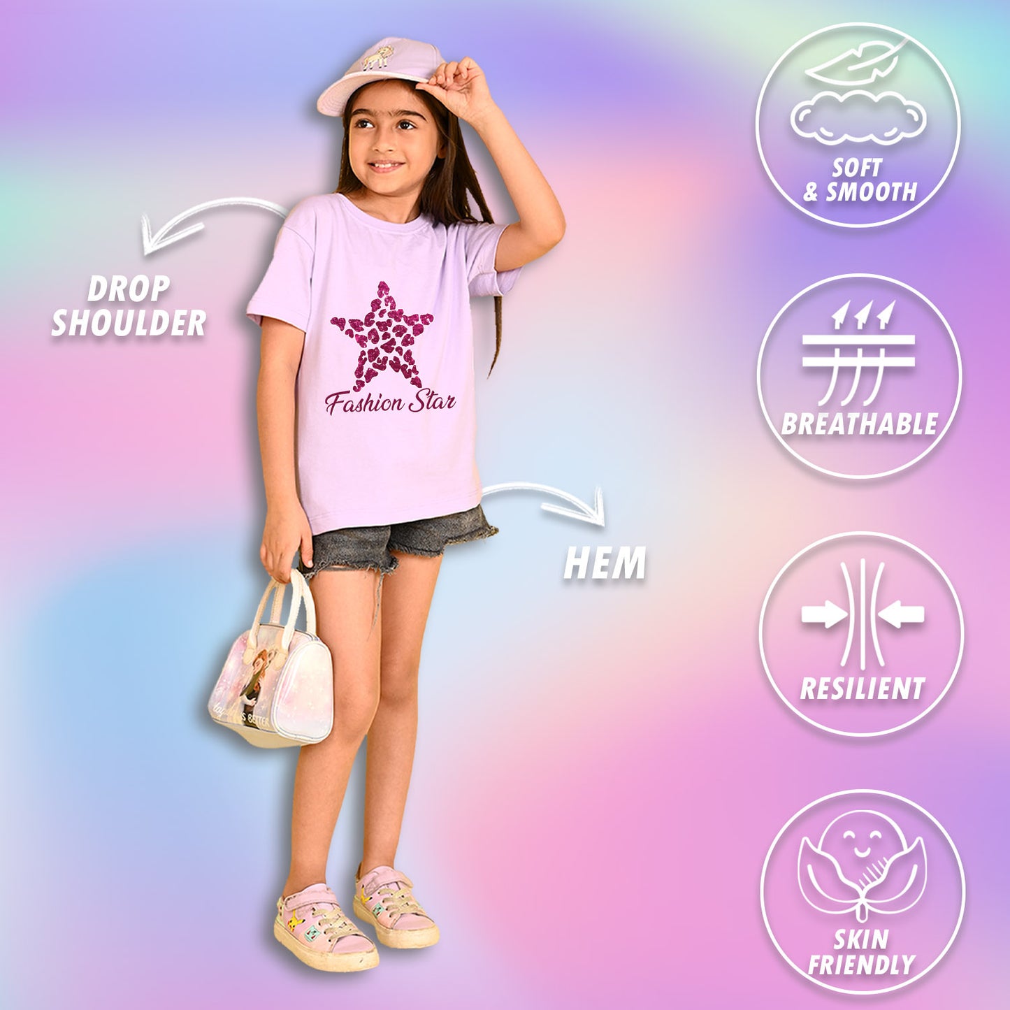 Nusyl Girls Lilac Star & Text  Printed  Short sleeve Cotton Blend Oversized T-shirts