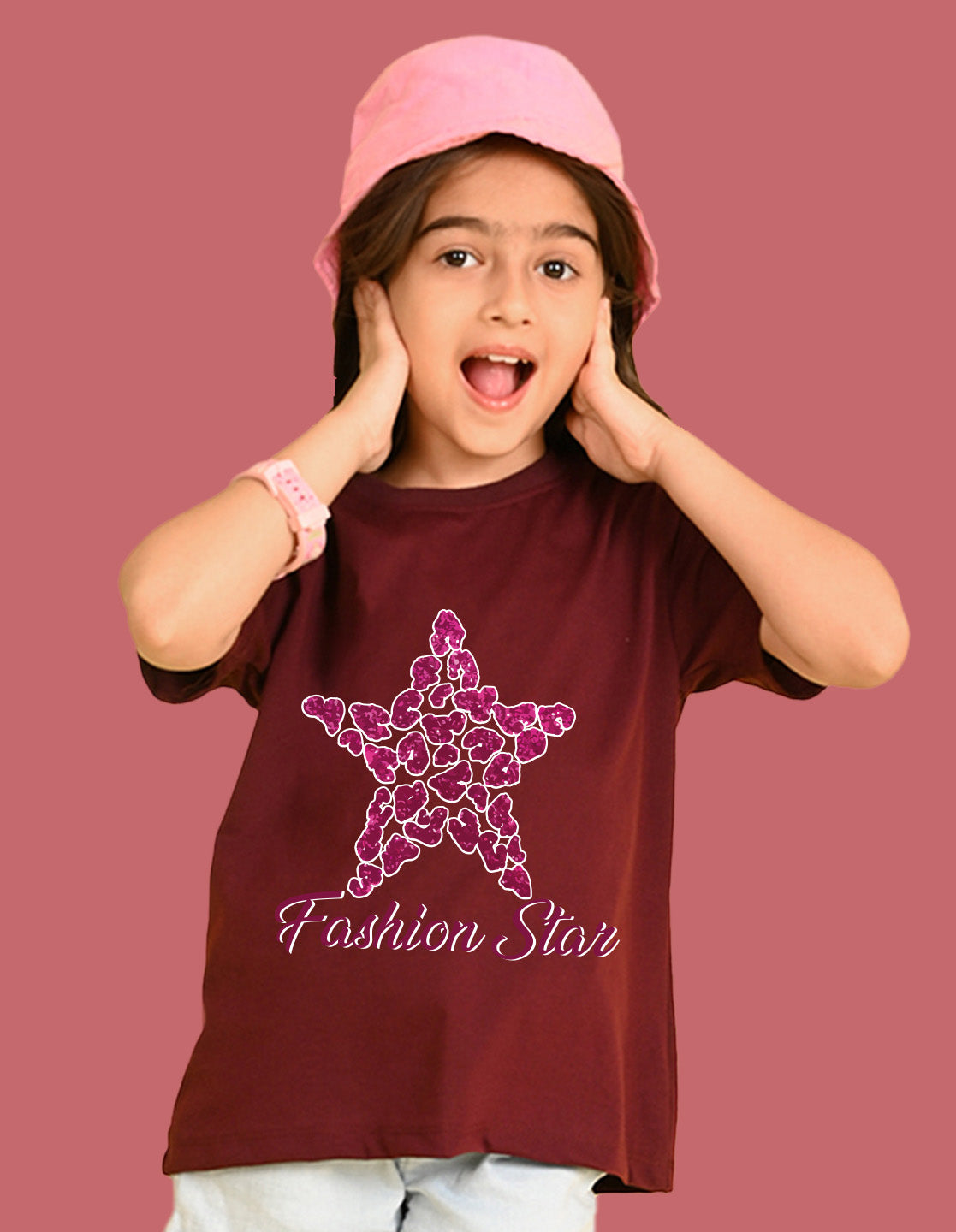 Nusyl Girls Wine Star & Text  Printed  Short sleeve Cotton Blend Oversized T-shirts