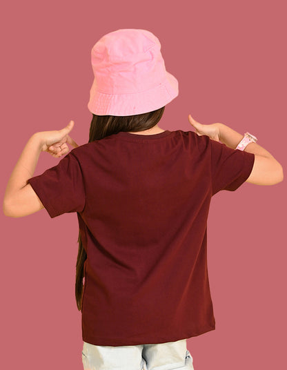 Nusyl Girls Wine Star & Text  Printed  Short sleeve Cotton Blend Oversized T-shirts