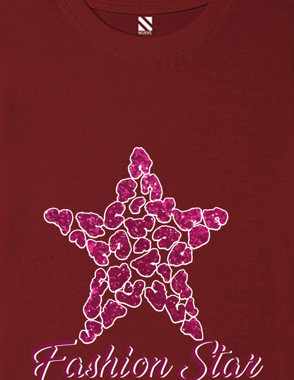 Nusyl Girls Wine Star & Text  Printed  Short sleeve Cotton Blend Oversized T-shirts