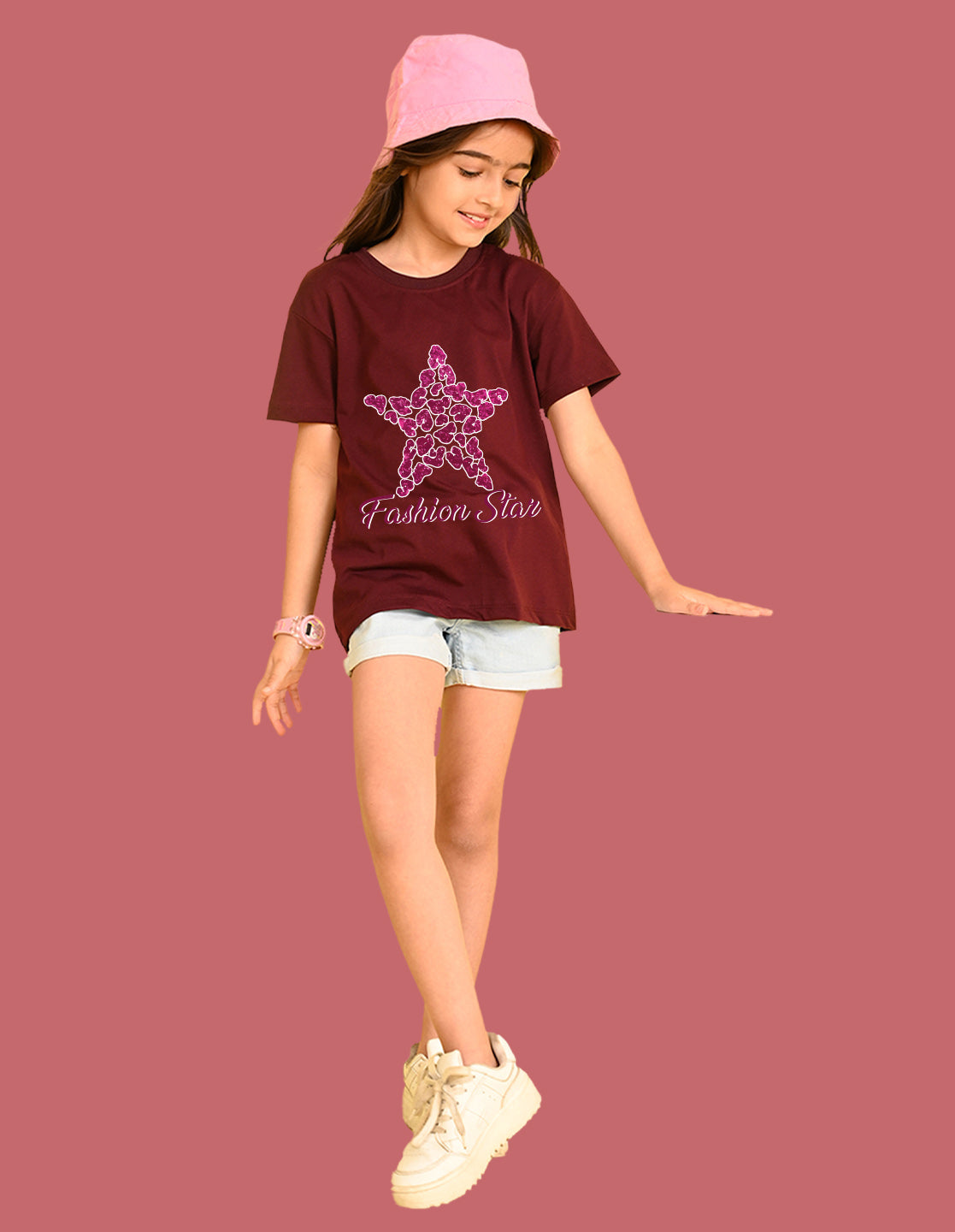 Nusyl Girls Wine Star & Text  Printed  Short sleeve Cotton Blend Oversized T-shirts
