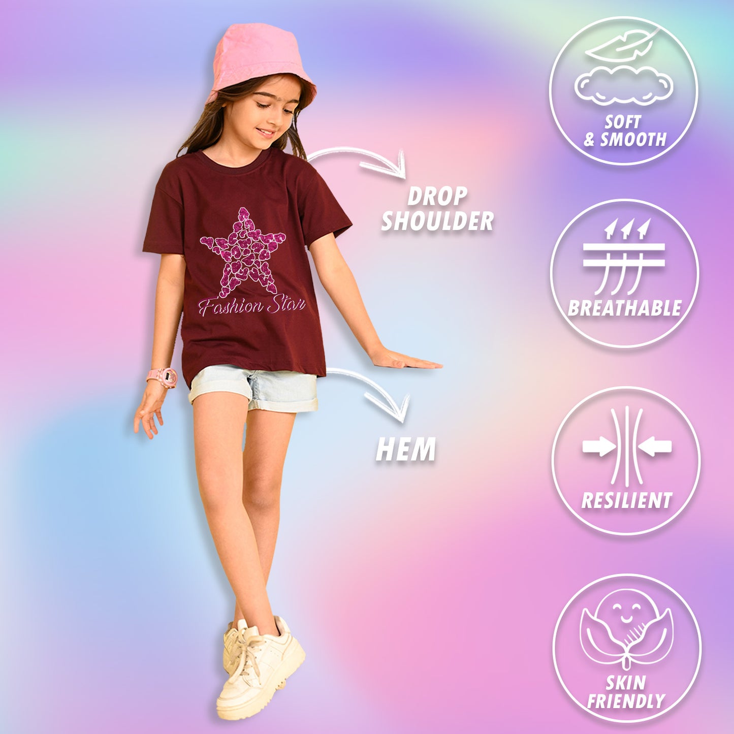 Nusyl Girls Wine Star & Text  Printed  Short sleeve Cotton Blend Oversized T-shirts
