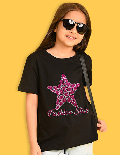 Nusyl Girls Black Star & Text  Printed  Short sleeve Cotton Blend Oversized T-shirts
