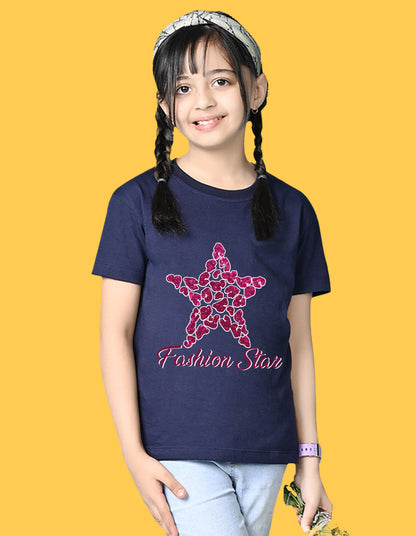 Nusyl Girls Navy Blue Star & Text  Printed  Short sleeve Cotton Blend Oversized T-shirts