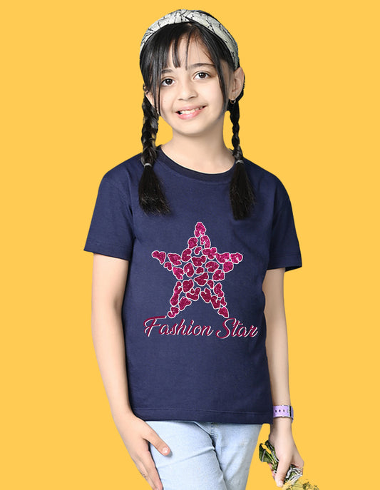 Nusyl Girls Navy Blue Star & Text  Printed  Short sleeve Cotton Blend Oversized T-shirts