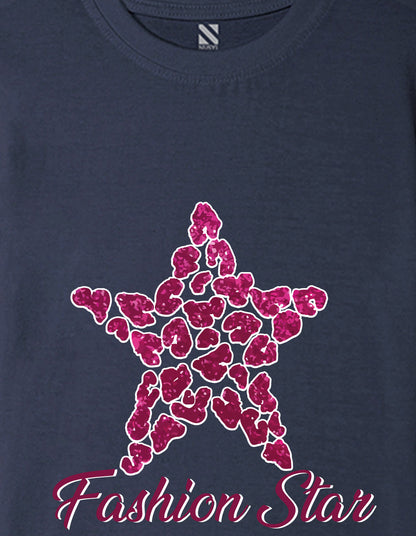 Nusyl Girls Navy Blue Star & Text  Printed  Short sleeve Cotton Blend Oversized T-shirts