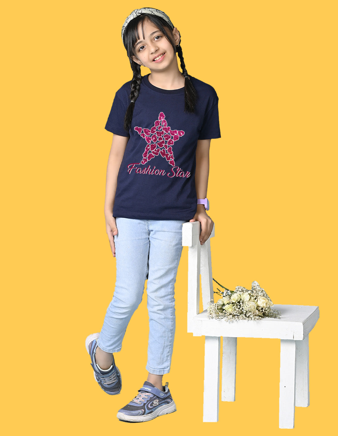 Nusyl Girls Navy Blue Star & Text  Printed  Short sleeve Cotton Blend Oversized T-shirts
