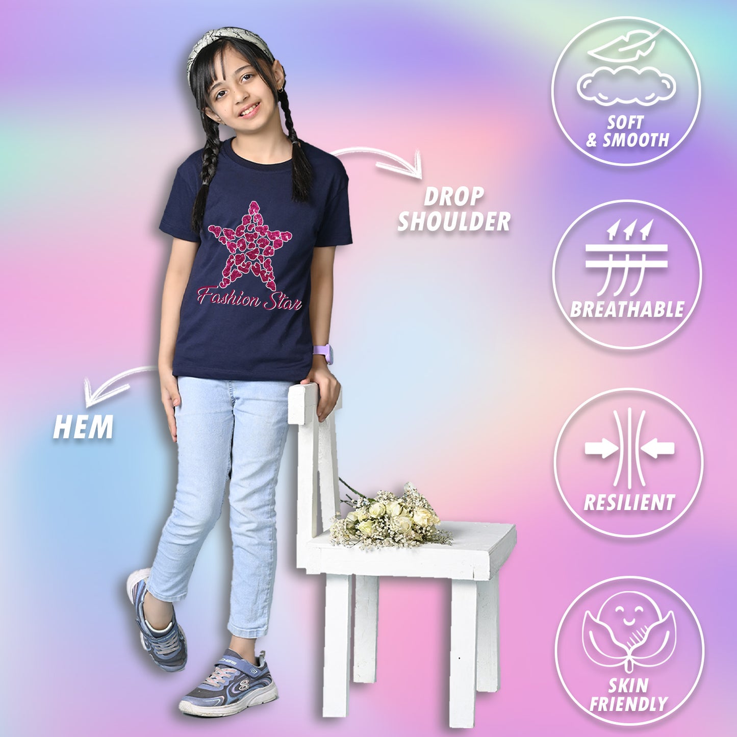 Nusyl Girls Navy Blue Star & Text  Printed  Short sleeve Cotton Blend Oversized T-shirts