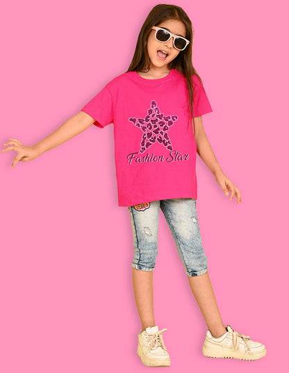 Nusyl Girls Hot Pink Star & Text  Printed  Short sleeve Cotton Blend Oversized T-shirts