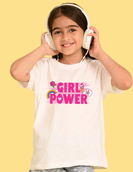 Nusyl Girls White flower & Girl Power Text  Printed  Short sleeve Cotton Blend Oversized T-shirts