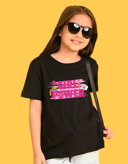 Nusyl Girls Black flower & Girl Power Text  Printed  Short sleeve Cotton Blend Oversized T-shirts