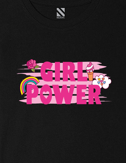 Nusyl Girls Black flower & Girl Power Text  Printed  Short sleeve Cotton Blend Oversized T-shirts