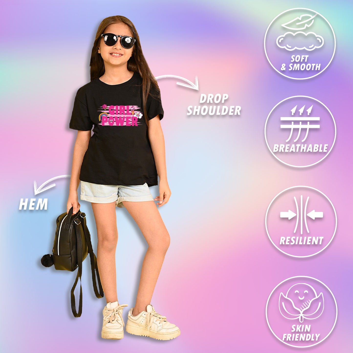 Nusyl Girls Black flower & Girl Power Text  Printed  Short sleeve Cotton Blend Oversized T-shirts