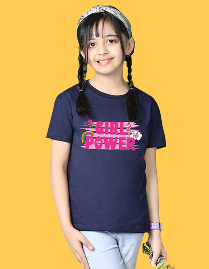 Nusyl Girls Navy Blue flower & Girl Power Text  Printed  Short sleeve  Oversized T-shirts
