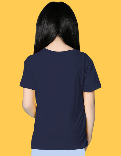 Nusyl Girls Navy Blue flower & Girl Power Text  Printed  Short sleeve  Oversized T-shirts