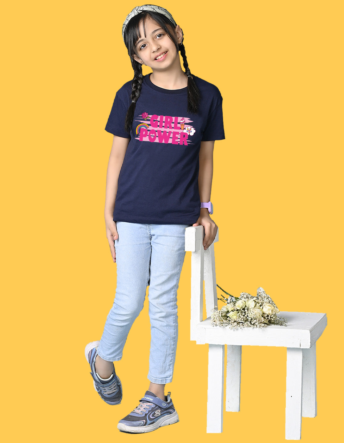 Nusyl Girls Navy Blue flower & Girl Power Text  Printed  Short sleeve  Oversized T-shirts