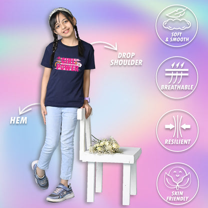 Nusyl Girls Navy Blue flower & Girl Power Text  Printed  Short sleeve  Oversized T-shirts
