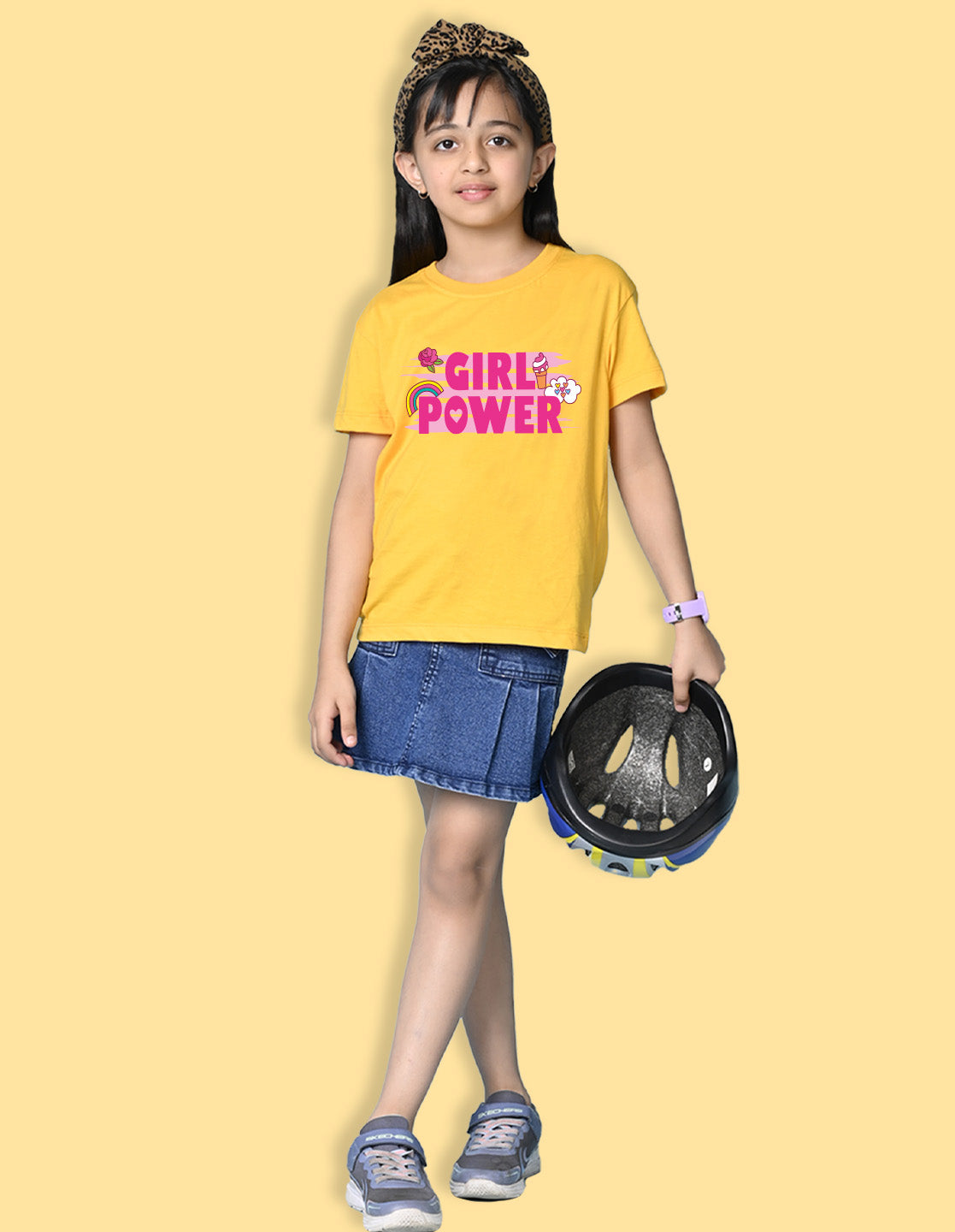 Nusyl Girls Yellow flower & Girl Power Text  Printed  Short sleeve Cotton Blend Oversized T-shirts