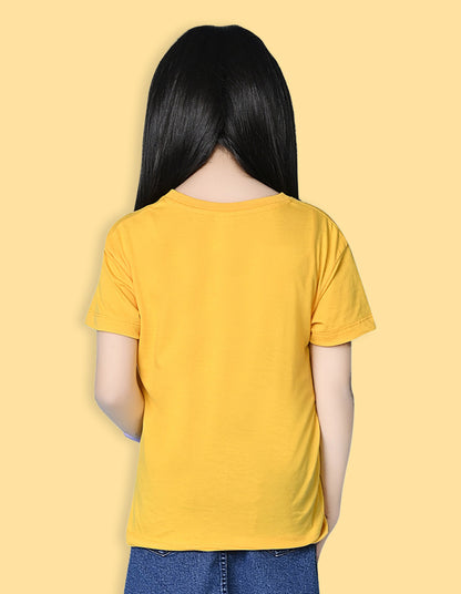 Nusyl Girls Yellow flower & Girl Power Text  Printed  Short sleeve Cotton Blend Oversized T-shirts