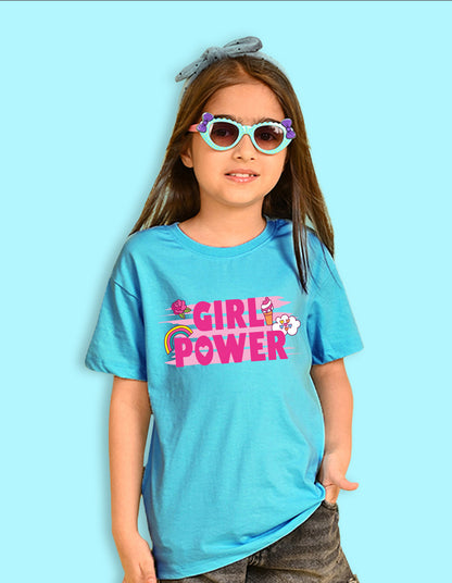 Nusyl Girls Sky Blue flower & Girl Power Text  Printed  Short sleeve  Oversized T-shirts