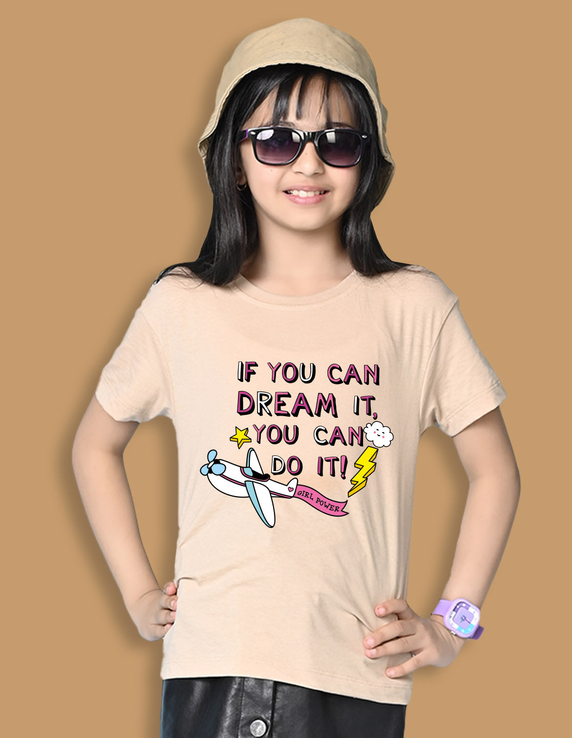 Nusyl Girls Beige if you can Dream it text Printed  Short sleeve Cotton Blend Oversized T-shirts