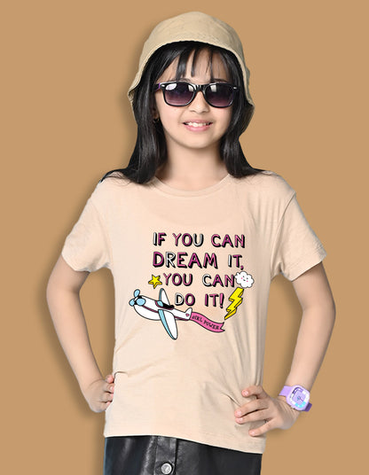 Nusyl Girls Beige if you can Dream it text Printed  Short sleeve Cotton Blend Oversized T-shirts