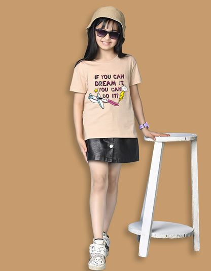 Nusyl Girls Beige if you can Dream it text Printed  Short sleeve Cotton Blend Oversized T-shirts
