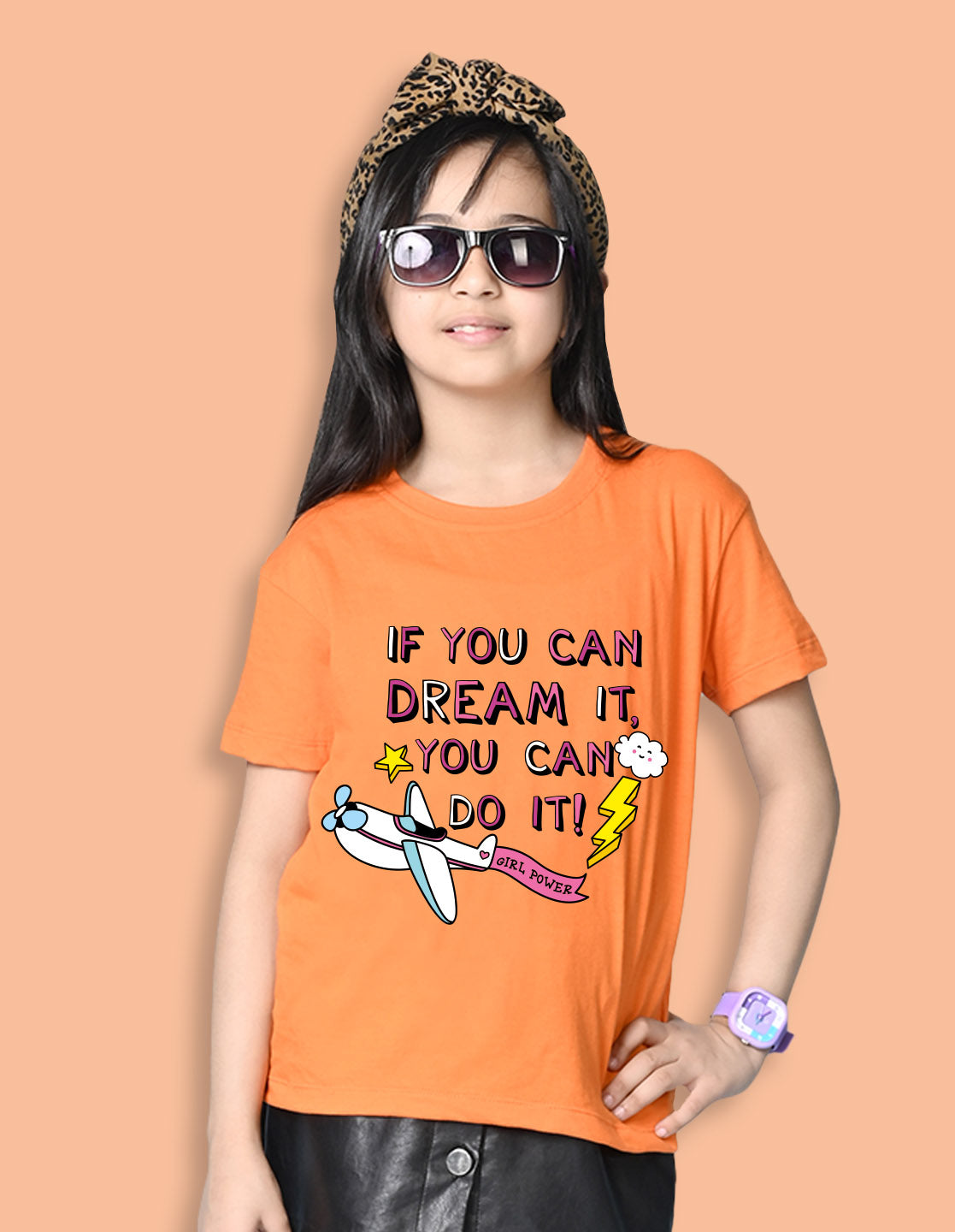 Nusyl Girls Orange if you can Dream it text Printed  Short sleeve Cotton Blend Oversized T-shirts