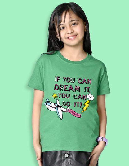 Nusyl Girls Green if you can Dream it text Printed  Short sleeve Cotton Blend Oversized T-shirts