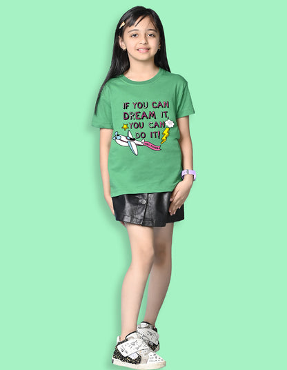 Nusyl Girls Green if you can Dream it text Printed  Short sleeve Cotton Blend Oversized T-shirts