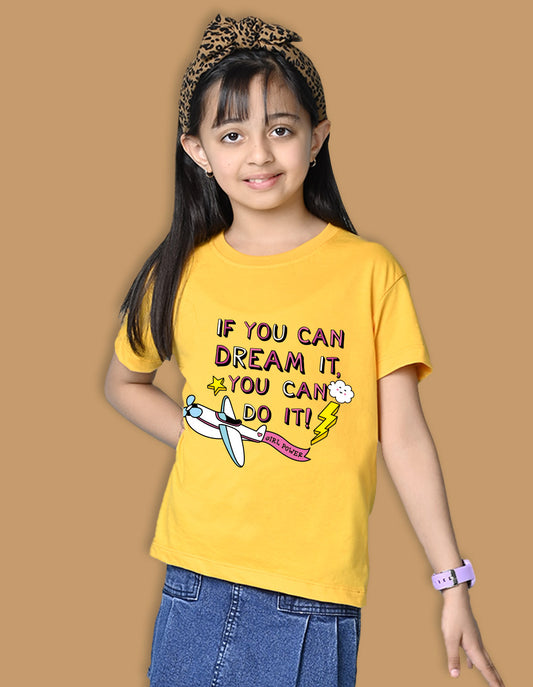 Nusyl Girls Yellow if you can Dream it text Printed  Short sleeve Cotton Blend Oversized T-shirts