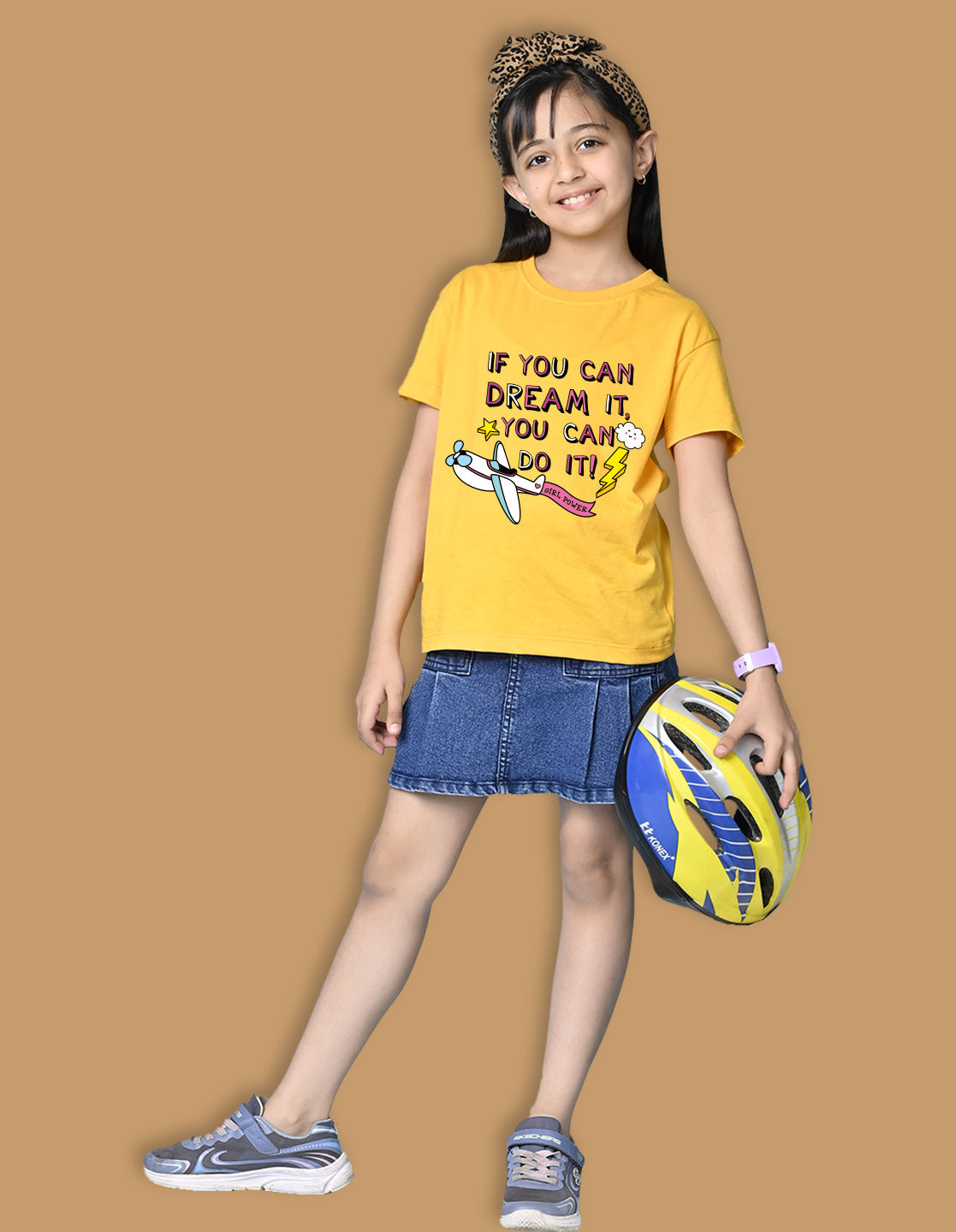 Nusyl Girls Yellow if you can Dream it text Printed  Short sleeve Cotton Blend Oversized T-shirts