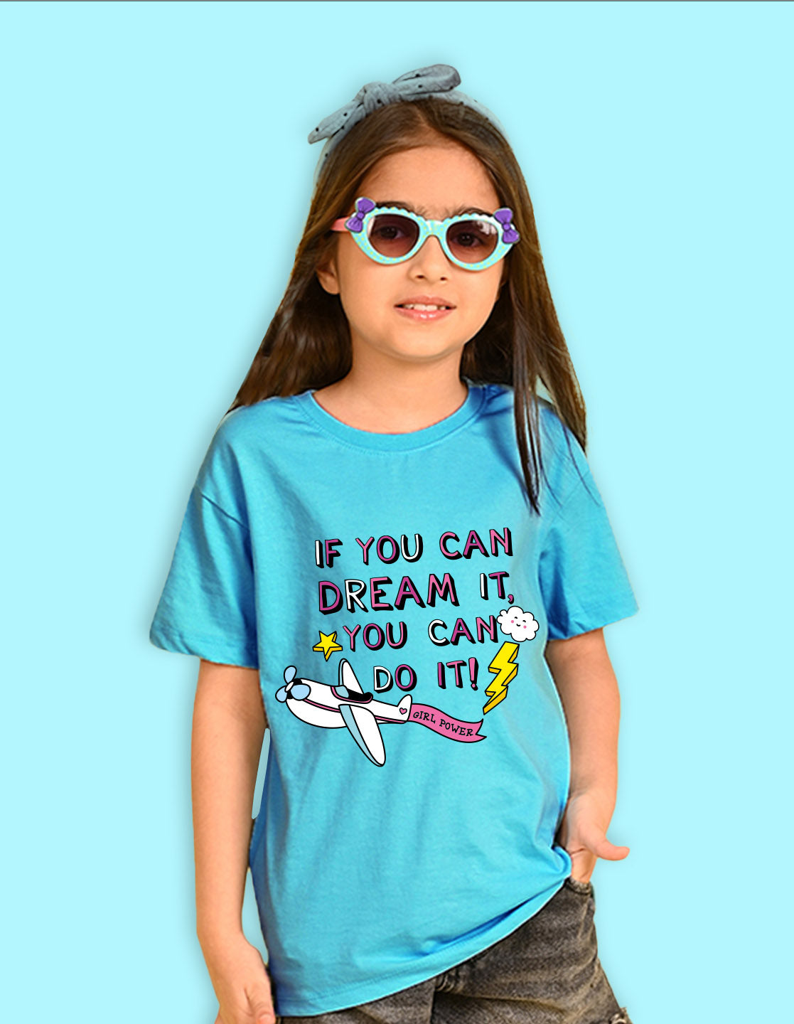 Nusyl Girls Sky Blue if you can Dream it text Printed  Short sleeve  Oversized T-shirts