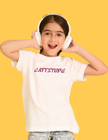 Nusyl Girls White Cattitude Text  Printed  Short sleeve Cotton Blend Oversized T-shirts