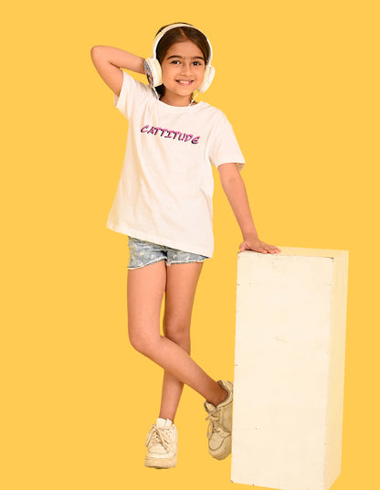 Nusyl Girls White Cattitude Text  Printed  Short sleeve Cotton Blend Oversized T-shirts