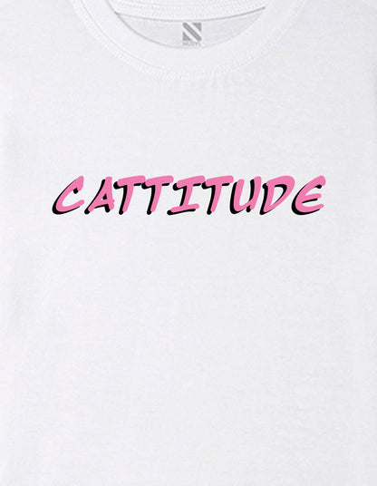 Nusyl Girls White Cattitude Text  Printed  Short sleeve Cotton Blend Oversized T-shirts