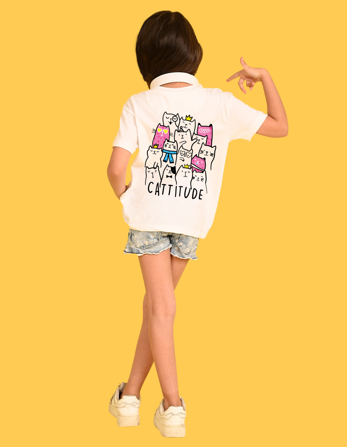 Nusyl Girls White Cattitude Text  Printed  Short sleeve Cotton Blend Oversized T-shirts