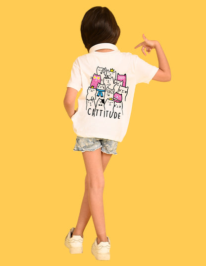 Nusyl Girls White Cattitude Text  Printed  Short sleeve Cotton Blend Oversized T-shirts