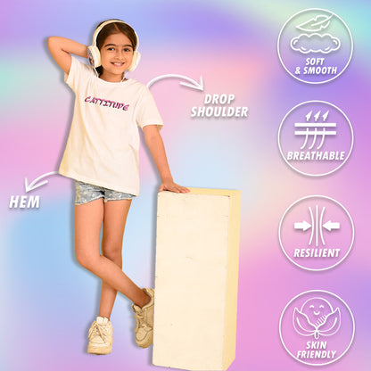 Nusyl Girls White Cattitude Text  Printed  Short sleeve Cotton Blend Oversized T-shirts