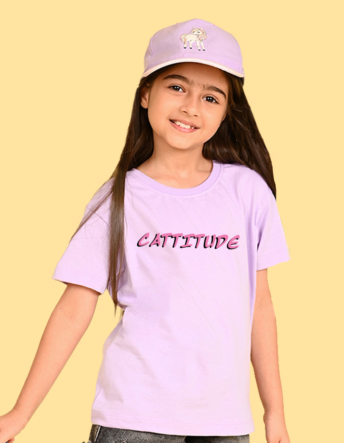 Nusyl Girls Lilac Cattitude Text  Printed  Short sleeve Cotton Blend Oversized T-shirts
