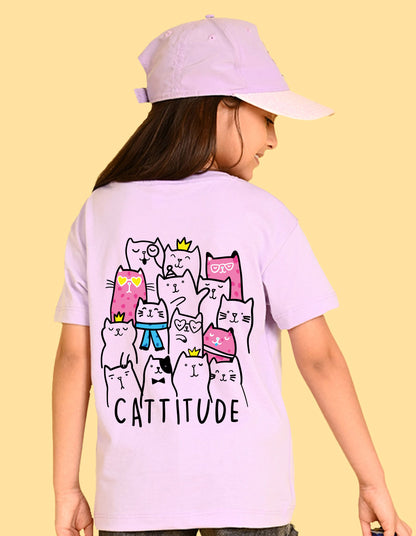 Nusyl Girls Lilac Cattitude Text  Printed  Short sleeve Cotton Blend Oversized T-shirts
