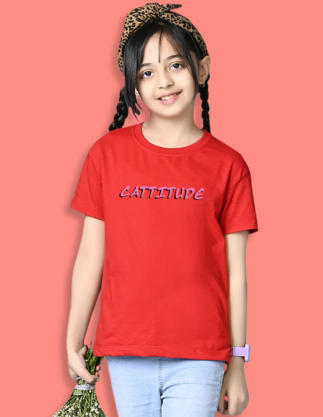 Nusyl Girls Red Cattitude Text  Printed  Short sleeve Cotton Blend Oversized T-shirts
