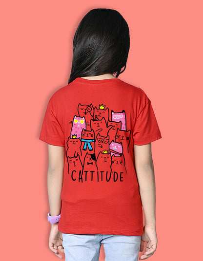 Nusyl Girls Red Cattitude Text  Printed  Short sleeve Cotton Blend Oversized T-shirts