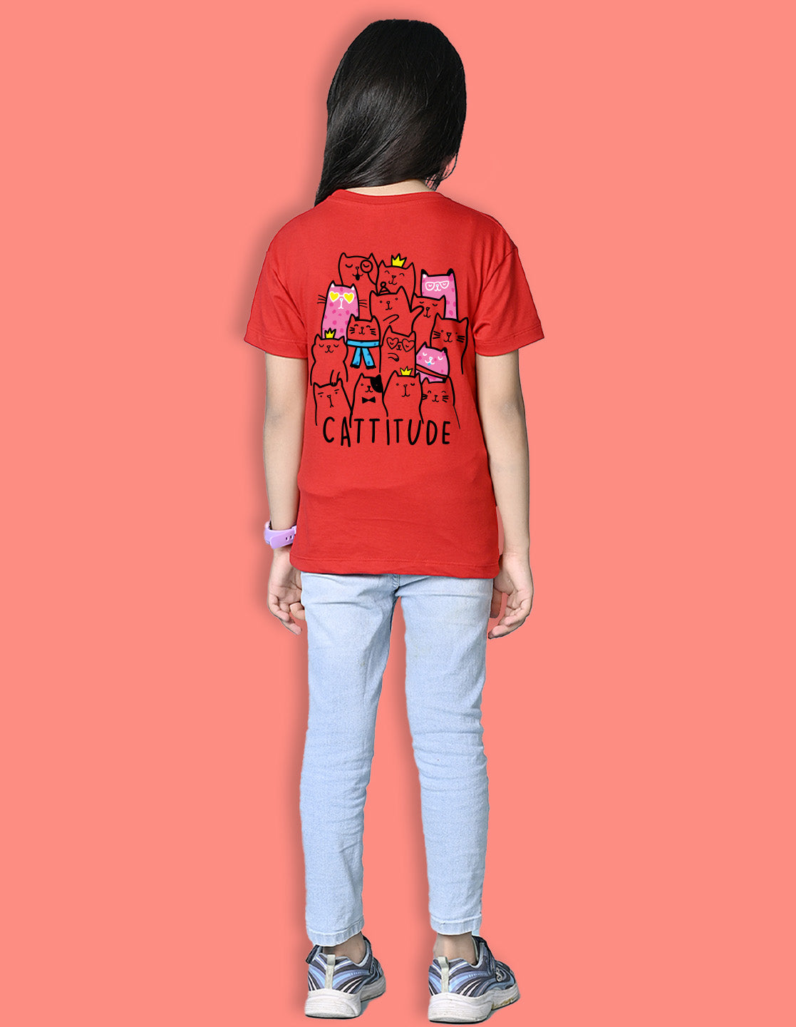 Nusyl Girls Red Cattitude Text  Printed  Short sleeve Cotton Blend Oversized T-shirts